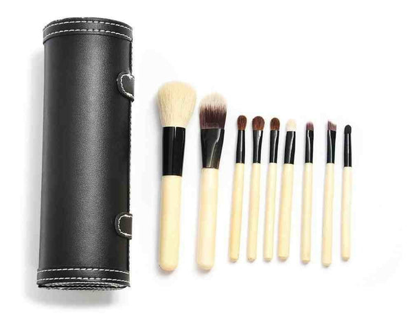 Ensemble De 9 Maquillage Pinceaux - Poils De Chèvre/Pony, Virole Aluminium, Manche En Bois Naturel, Coupe En Cuir