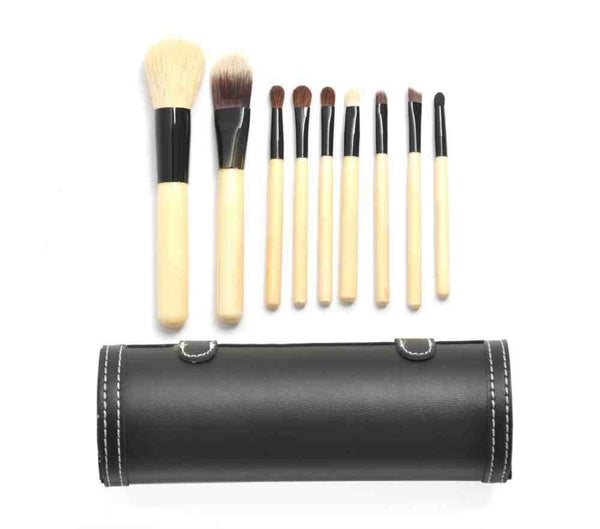 Ensemble De 9 Maquillage Pinceaux - Poils De Chèvre/Pony, Virole Aluminium, Manche En Bois Naturel, Coupe En Cuir