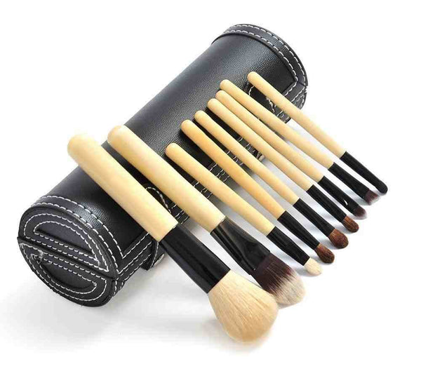 Ensemble De 9 Maquillage Pinceaux - Poils De Chèvre/Pony, Virole Aluminium, Manche En Bois Naturel, Coupe En Cuir