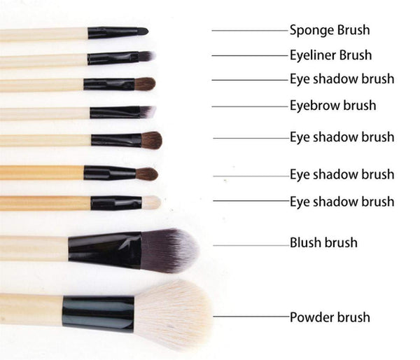 Ensemble De 9 Maquillage Pinceaux - Poils De Chèvre/Pony, Virole Aluminium, Manche En Bois Naturel, Coupe En Cuir